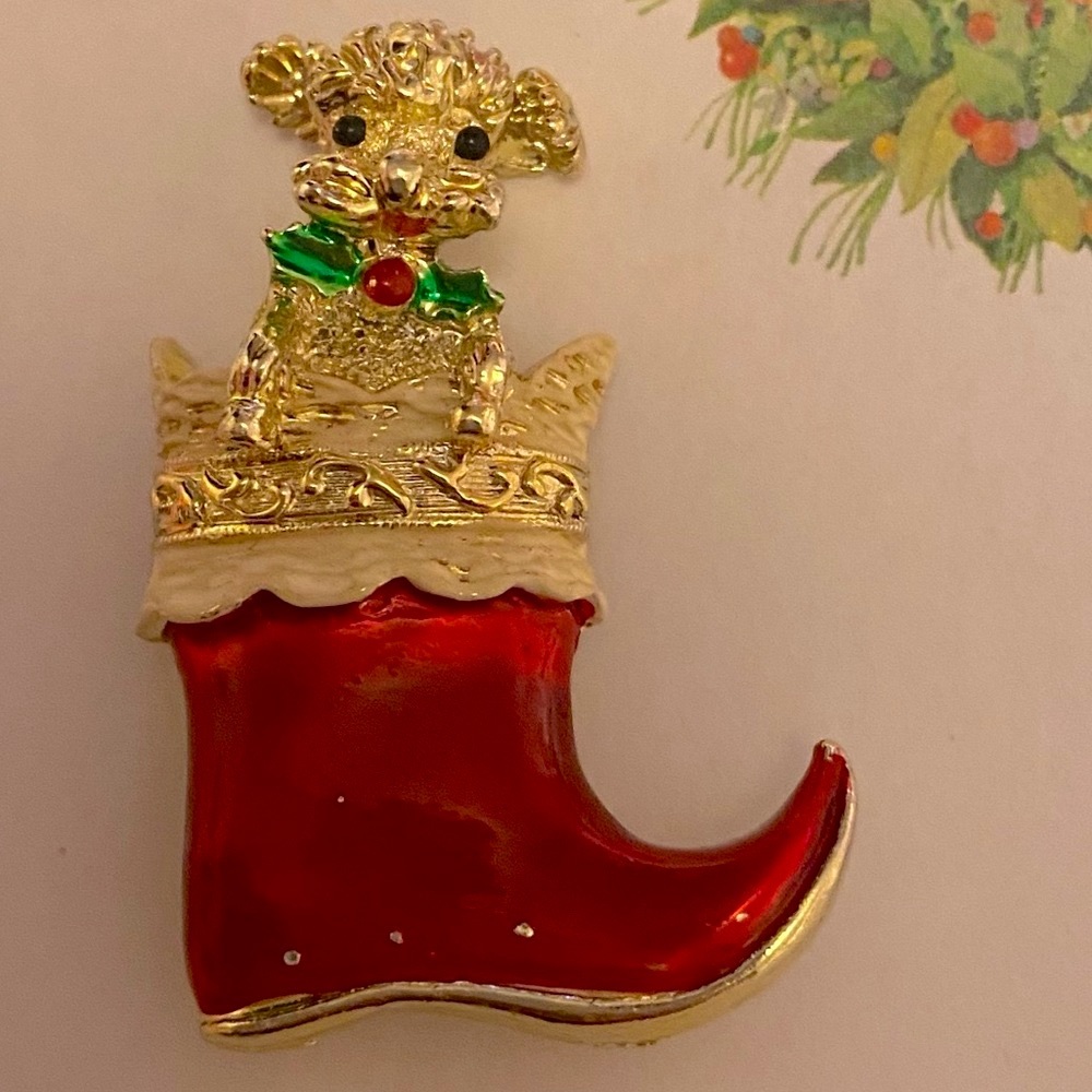 Vintage Peekaboo Puppy In Christmas Stocking Holiday Gold Enamel Pin by …